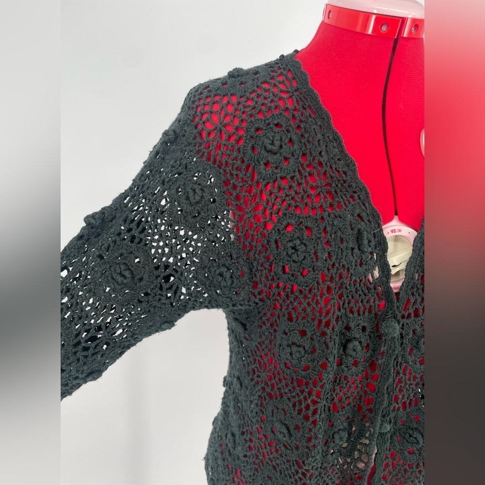 Vintage Hand Knit Gothic Black Floral Crocheted Cardigan Sweater / Open Knit - Picture 11 of 13